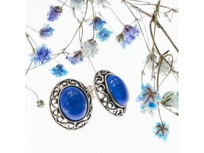 Vintage 925 Sterling Silver Blue Agate Stud Earrings