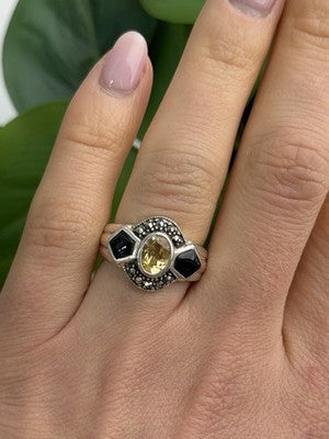925 Sterling Silver Citrine & Onyx & Marcasite Ring Size 7