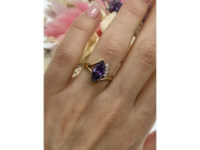 925 Sterling Silver Gold Plated Amethyst & CZ Ring Size 7