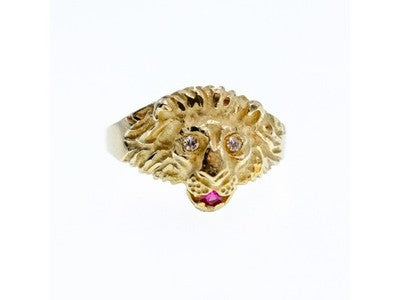 14K Yellow Gold Ruby & Quartz "Lion" Ring Size 8.5