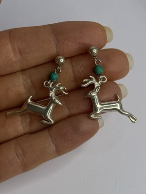 925 Sterling Silver Malachite Deer Earrings Length 1.40 Inch