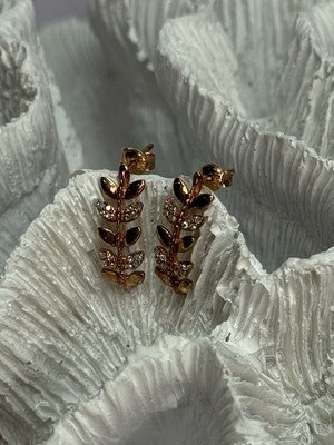 14K YELLOW GOLD DIAMONDS LEAF EARRINGS LENGTH 0.7 INCH