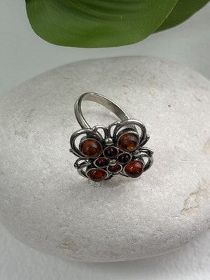 925 Sterling Silver Amber Flower Ring Size 9.5