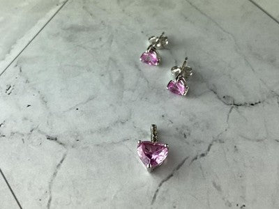 925 Sterling Silver Morganite and CZ "Hearts" Stud Earrings & Pendant Set