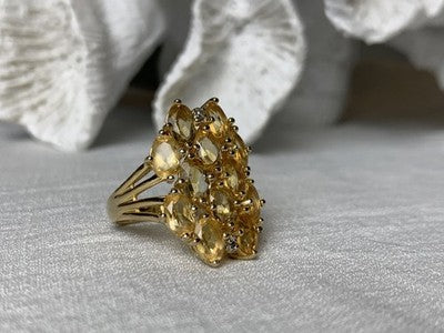 925 Sterling Silver Gold Plated Yellow Tourmalines & Diamonds Ring Size 8