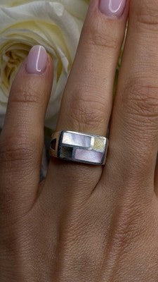 Vintage Modernist 925 Sterling Silver Ring Abalone Stone Mosaic Size 6.5