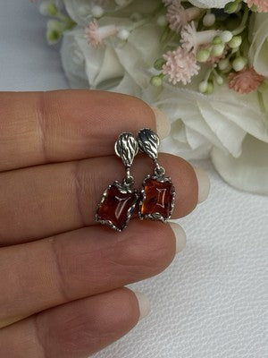 925 Sterling Silver Amber Earrings Length 0.85 Inch