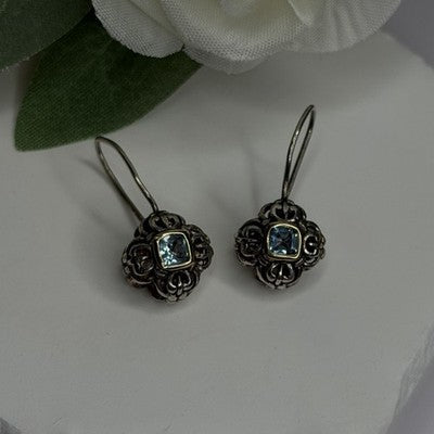 Vintage Filigree 925 Sterling Silver Blue Topaz Dangle Earrings