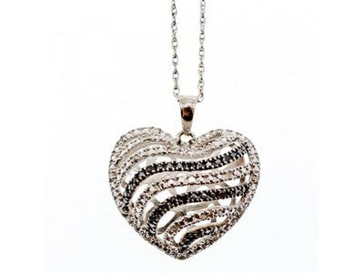 925 Sterling Silver White & Black CZ Heart Chain With Pendant
