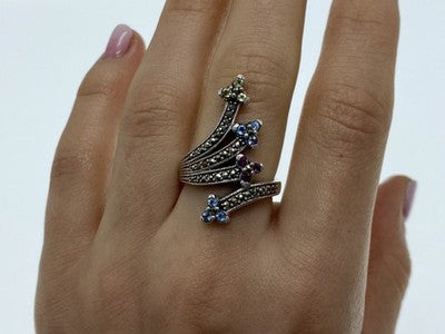 925 Sterling Silver Peridot, Topaz, Spinel & Marcasites Ring Size 6