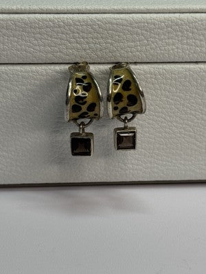 925 Sterling Silver Cowrie Shell & Brown Tourmaline Earrings Length 0.87 Inch