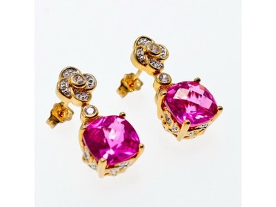 925 Sterling Silver Gold Plated Pink Topaz & CZ Stud Earrings