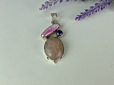 925 Sterling Silver Morganite, Haliotis & Pearl Pendant