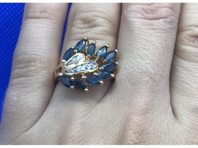 925 Sterling Silver Gold Plated Sapphire & CZ Ring Size 7
