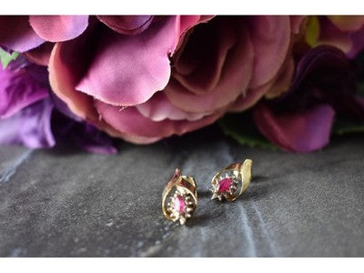 10K Yellow Gold Ruby & Diamonds Earrings
