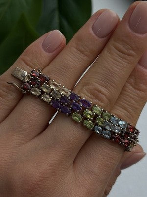 Luxury Rainbow Tennis 925 Sterling Silver Multicolor Gemstones Bracelet 7