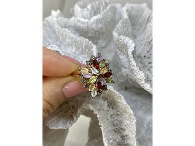 925 Sterling Silver Gold Plated Multi Gemstones "Flower" Ring Size 8