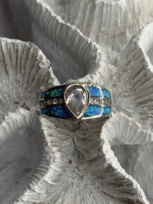 925 Sterling Silver Opal & Beryl Ring Size 8
