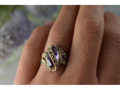Vintage 925 Sterling Silver Purple Tourmaline & Marcasites Ring Size 6.75