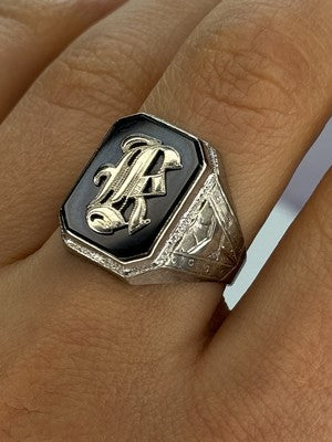 10K WHITE GOLD VINTAGE ART DECO BLACK ONYX RING SIZE 8