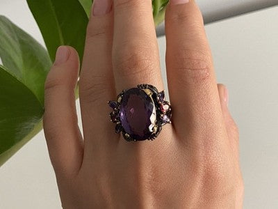 Blackened 925 Sterling Silver With Gilding Amethyst Ring Size 9