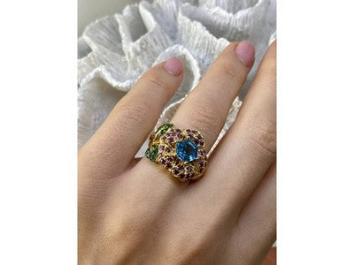 925 Sterling Silver Gold Plated Topaz, Peridot & Spinel "Flower" Ring Size 7.5