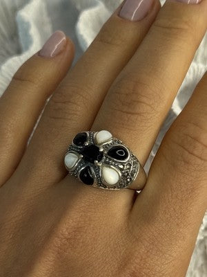 925 Sterling Silver Onyx Abalone & Marcasite Ring Size 10