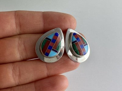 Vintage 925 Sterling Silver Agate Mosaic Stud Earrings