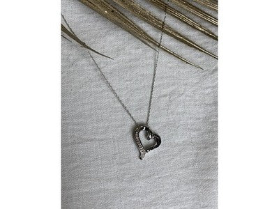 10K White Gold Black & White Diamonds Heart Chain With Pendant