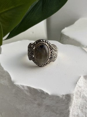 925 Sterling Silver Labradorite & Marcasite Ring Size 10
