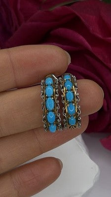 925 Sterling Silver Gold Plated Part Blue Turquoise Earrings