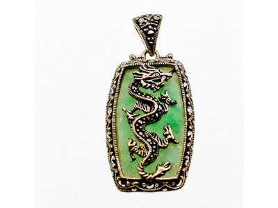 925 Sterling Silver Nephrite & Marcasites Dragon Pendant