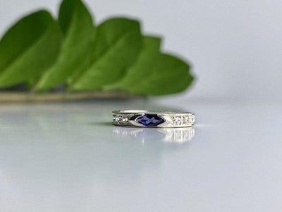925 Sterling Silver Iolite & CZ Band Ring Size 6.5