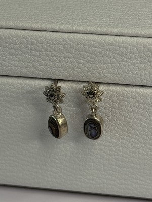 925 Sterling Silver Abalone & Marcasite Earrings Length 0.60 Inch