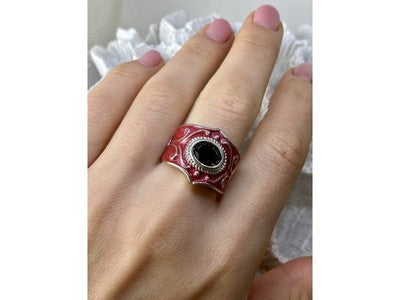 925 Sterling Silver Hessonite & Red Enamel Ring Size 9.5