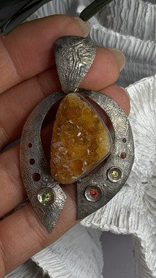 Large 925 Sterling Silver Baltic Amber Peridot Citrine Tourmaline Pendant