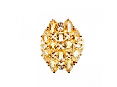 925 Sterling Silver Gold Plated Yellow Tourmalines & Diamonds Ring Size 8