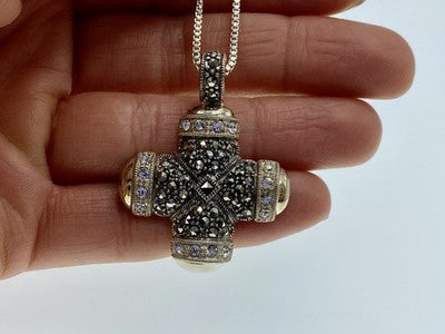 925 Sterling Silver CZ & Marcasites Chain With Cross