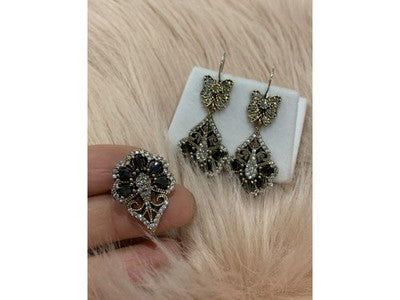 925 Sterling Silver Black Tourmaline (Sherl) & CZ SET