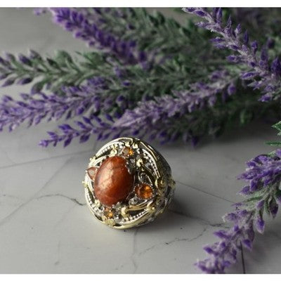 925 Sterling Silver Gold Plated Amber & Spessartine Ring Size 6.5