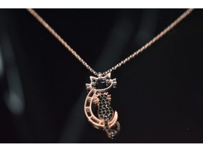 925 Sterling Silver Gold Plated CZ "Black Cat" Chain with Pendant Turkey