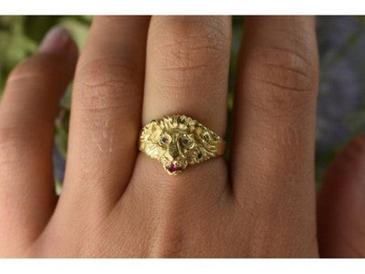 14K Yellow Gold Ruby & Quartz "Lion" Ring Size 8.5