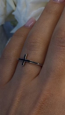 Modern Christian 925 Sterling Silver Cross Black Enamel Ring Size 8
