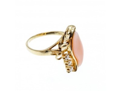 14K Yellow Gold Pink Agate & Sapphires Ring Size 5.5