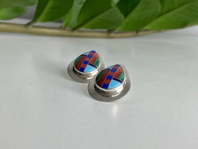 Vintage 925 Sterling Silver Agate Mosaic Stud Earrings