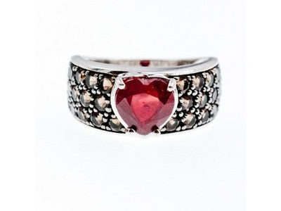 925 Sterling Silver Ruby & Hessonite "Heart" Ring Size 9