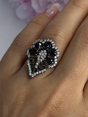 925 Sterling Silver Sapphire & CZ Ring Size 7.5