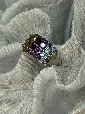 925 Sterling Silver Multicolor Stones Ring Size 7
