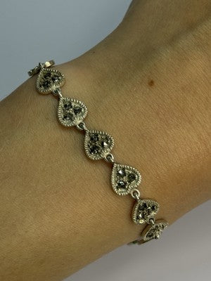 Vintage 925 Sterling Silver Marcasite Heart Bracelet Length 7 Inch