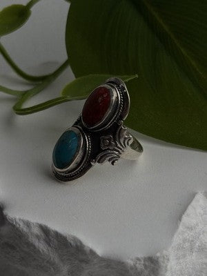 Vintage Boho 925 Sterling Silver Coral & Turquoise Ring Size 5